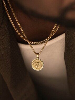 Men's Gold Cancer Pendant Necklace Set